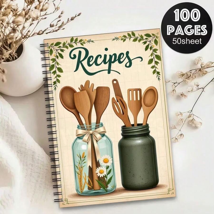 1pc A 50-Page A5 Notebook Featuring A Fun Spiral Design, Making It A Delightful Gift For Friends And Family. The Cover Showcases A Vintage Rustic Kitchen Theme With The Word 'Recipes' In Green Cursive - L - View 1