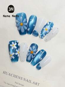 10PCS Blue Cat Eye Press On Nails | 3D Hand-Painted Little Daisy With Pearl Accents, French Tip Design | Short Coffin Nails | Summer Ocean Nail Set | Reusable Salon Quality, Suitable For Daily Wear & Gifts Handmade Press On Nails - Teal Blue - View 10