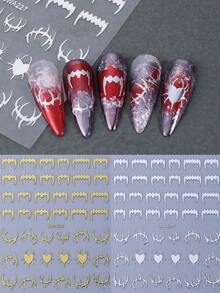 2 piezas Pegatinas de uñas metálicas plateadas y doradas con colmillos de araña 3D y corazón, calcomanías de uñas góticas de terror de Halloween, diseño de araña sangrienta espeluznante, autoadhesivas, pegatinas de arte de uñas DIY, suministros para manicura - Multicolor - Ver 11