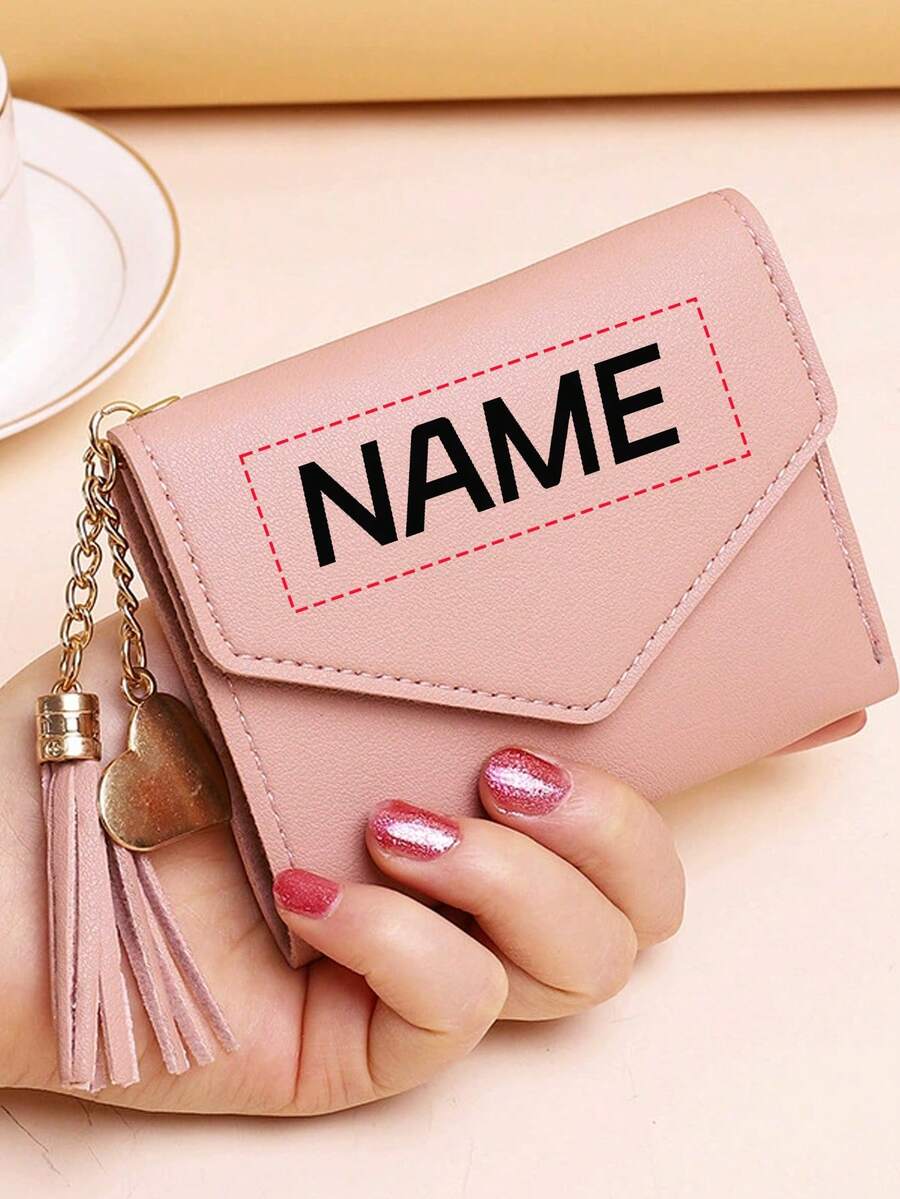 Personalized Heart-Shaped Tassel Wallet, Custom Text Women Card Holder And ID Case, Red Purse Gift For Girlfriend And Students - Multicolor - View 1