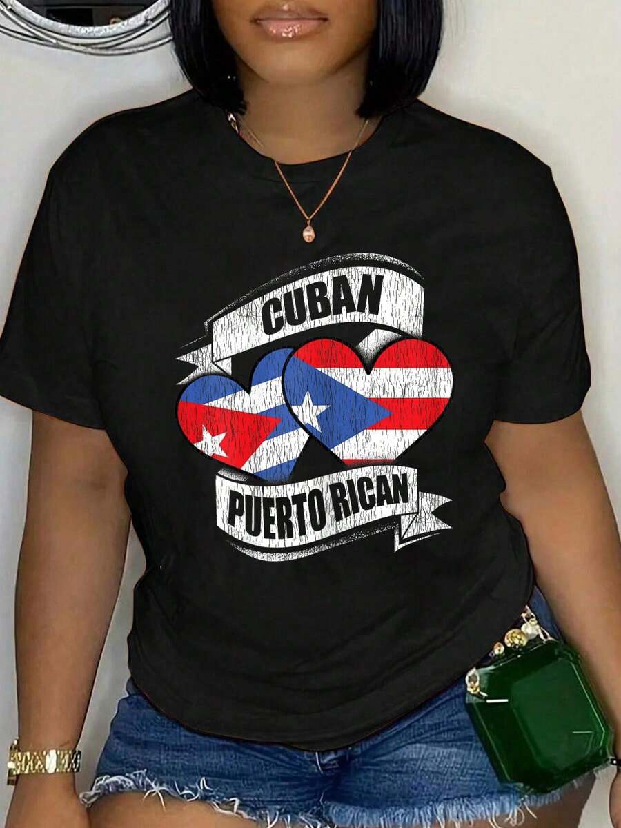100% Cotton Puerto Rico Flag Heart Love Vacation Trip T-Shirt Women's Men's Oversized Comfort Soft Crew Neck Tee Tops - 黑色12 - 查看 1
