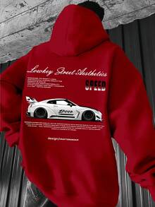 Sudadera con capucha para hombre con estampado de estilo de carreras y temática automotriz. - Rojo - Ver 1