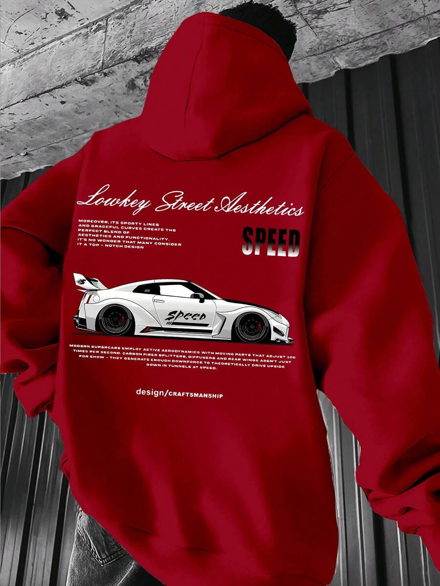 Sudadera con capucha para hombre con estampado de estilo de carreras y temática automotriz. - Rojo - Ver 1