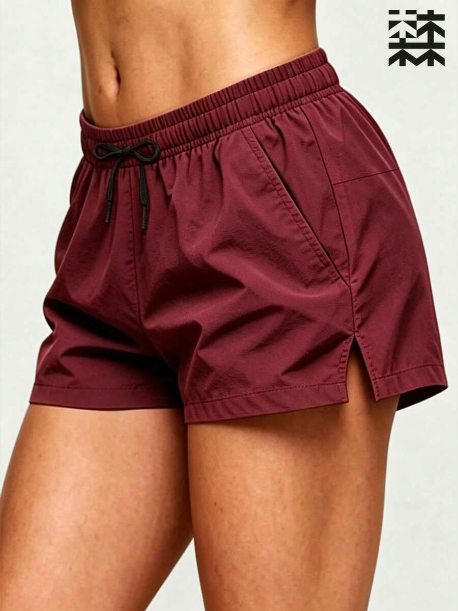 mulinsen Women's Casual Drawstring Waist Sports Shorts With Side Slit Pockets - Burgundy - View 1