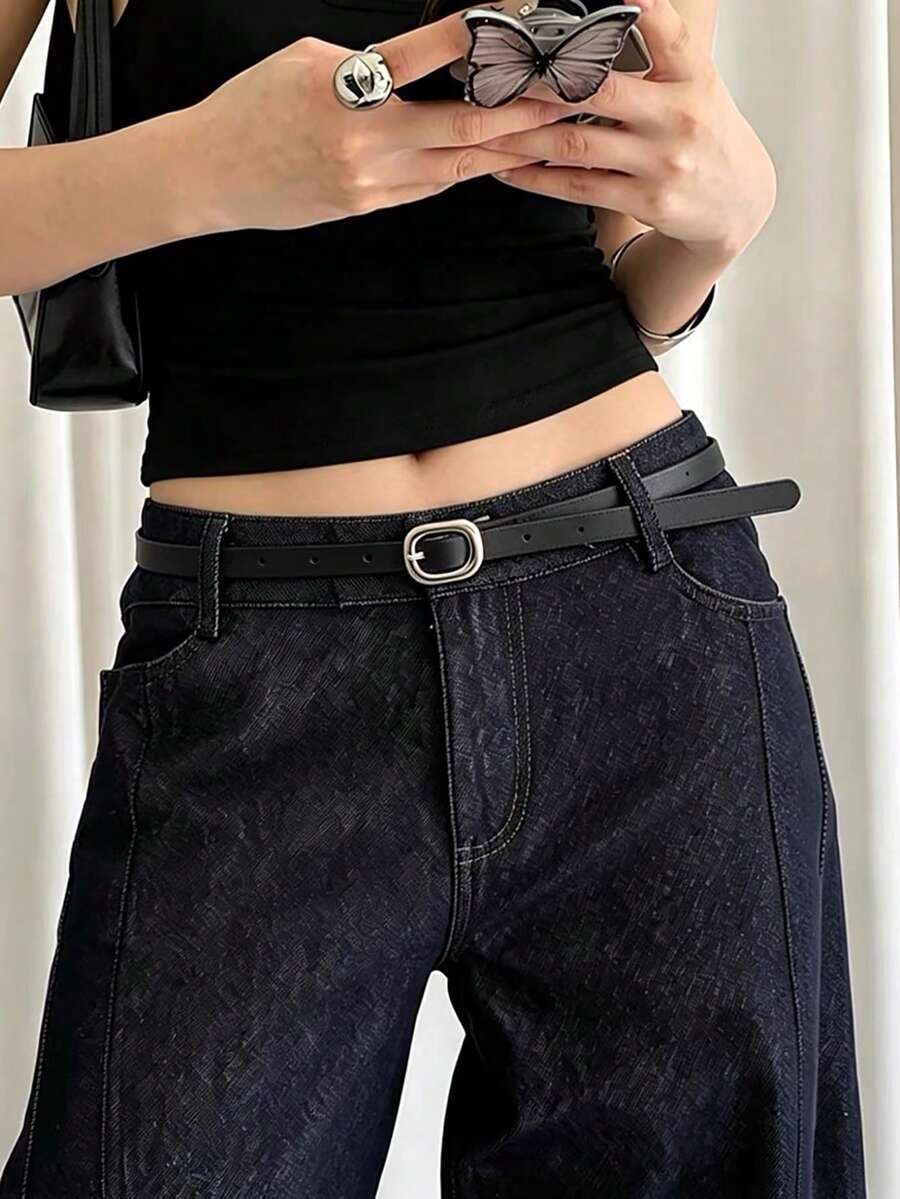 1件純色休閒PU皮革時尚女款細腰裝飾繩腰帶,適合四季穿搭 - 黑色 - 查看 1