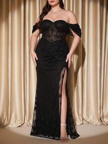 Voworia Anpoket New Elegant Open Shoulder Plus Size Sequin Faux Pearl Beaded Sheer Ruffle High Slit Prom Dress, Suitable For Prom, Wedding, Party Black Spring - Black - View 1