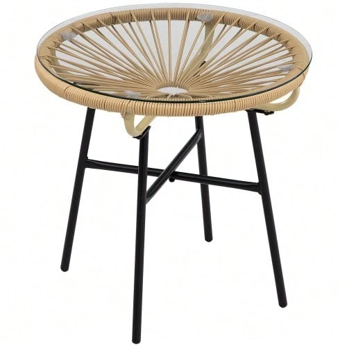 Bistrotisch, Runder Gartentisch, Ratten Beistelltisch, Für Terrasse, Balkon, Schwarz+Beige, 50 X 50 X 50 Cm - Beige - View 1