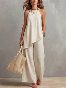 Conjunto de 2 piezas para mujer con top sin mangas de cuello halter y pantalones de pierna ancha en color beige, elegante conjunto de punto acanalado con caída para ir al trabajo, conjunto elegante de verano para mujer - Albaricoque - Ver 1