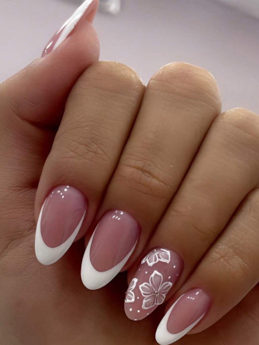 24pcs French Almond Short Nail Sticker, Hand-Drawn Flowers , Pink Y2k ,Includes 1 Jelly Glue And 1 Nail File, Suitable For Women/Girls In Daily Wear, Gift,Travel,Press On Nail Patches, False Nails, Nail Supplies - Pink - View 1