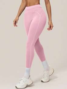 TimeOff Pantalones deportivos largos cortos de cintura alta con control de abdomen, decoración de línea blanca y bloques de color para mujer, 1 pieza - Rosa - Ver 5