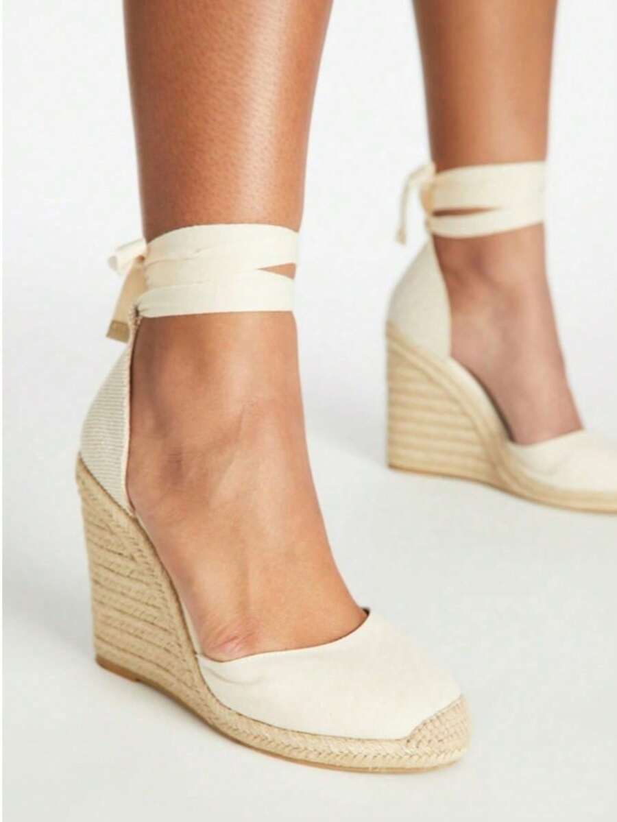Women's Comfortable Closed Toe Espadrille Wedges, Elastic Ankle Strap Platform Sandals For Office, Vacation & Casual Summer Outfits - Beige - View 1