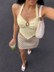 Women's Halter Neck Backless Tank Top, Asymmetrical Hem Polyester Vest For Summer Outfits - Yellow - View 1