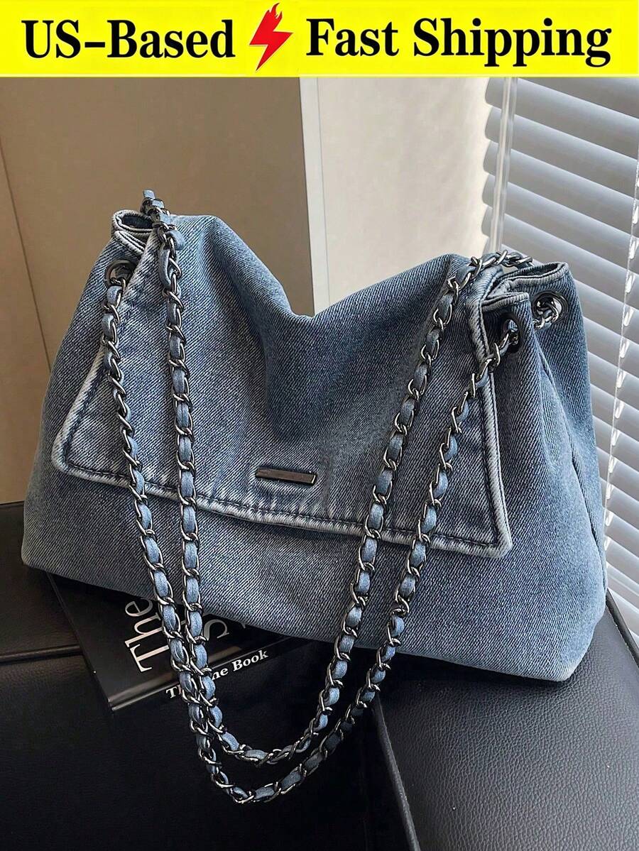 Vintage Denim Bag For Women Casual Chain Shoulder Bag Large Crossbody Purse Travel Bag Summer Tote Bag Travel Essential Back To School Cowgirl - 彩色 - 查看 1