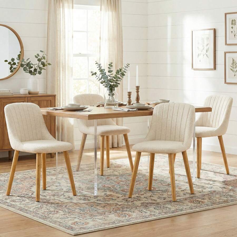 Goeurvant Modern Minimalist Vertical-Stripe Upholstered Dining Chairs With Ergonomic Back & Solid Wood Legs For Living Room, Kitchen, Bedroom - Set Of 2 / Set Of 4 / Set Of 6---Off White (Chenille) - 米白色 - 查看 1