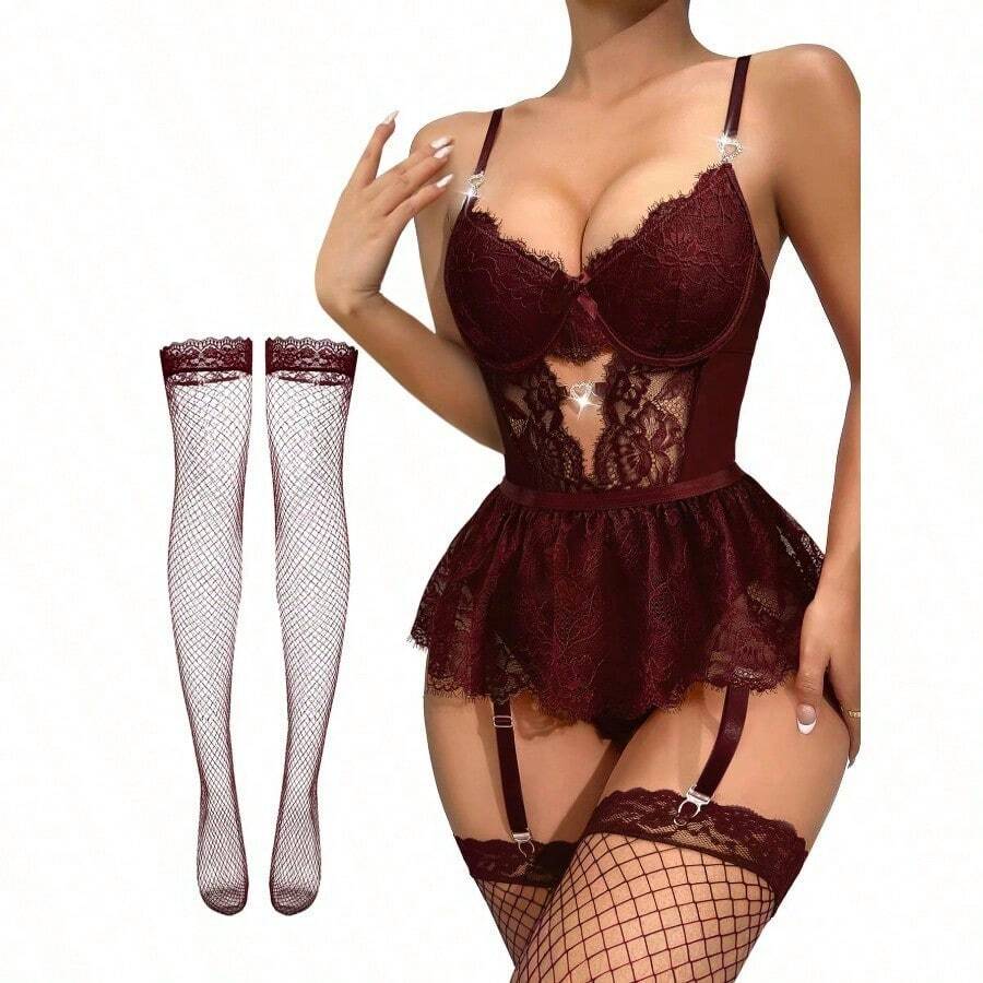 Lilosy Sexy Stocking Rhinestones Heart Garter Underwire Floral Mesh Lace Sheer Babydoll Lingerie Teddy Bodysuit Skirt Set - 酒紅色 - 查看 1