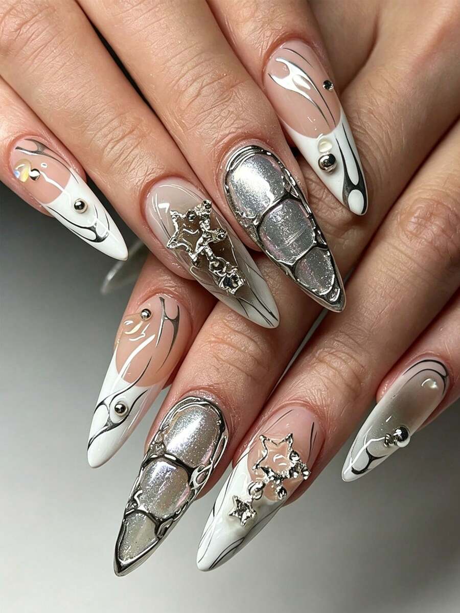 Y2K Style Instantly Upgrade Your Look! 24pcs Street Minimalist Casual Daily Personalized Cool Minimalist Nordic Silver Asymmetric Metal Line Rhinestone Decor 3D Metal Cross White French Medium Almond Shaped Press-On Nail Set, Suitable For Cool And Stylish Girls And Women Nail Supplies Nails - Black and White - View 1