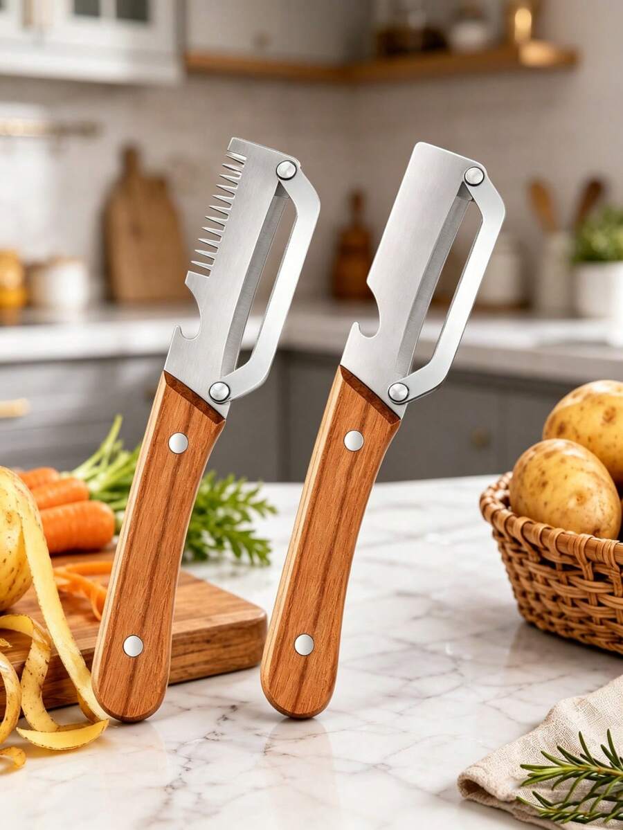 1pc Stainless Steel Multi-Function Vegetable Peeler With Bottle Opener, Wooden Handle, Suitable For Peeling And Slicing Fruits & Vegetables, Durable And Smooth Operation, Practical Kitchen Tool, Household Essential, Kitchen Accessory