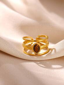 Vintage Multi-Style Brown Tiger Eye Women's Rings, Gold-Plated Stainless Steel Stacking Rings, Jewelry Gift - Yellow Gold - View 8