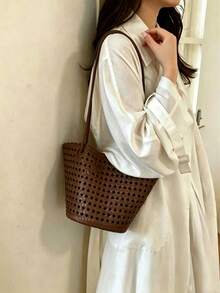 New Plaid Woven Bucket Bag, Fashionable Versatile Handheld Shoulder Bag, Commuter Essential, Work To Weekend - Multicolor - View 5