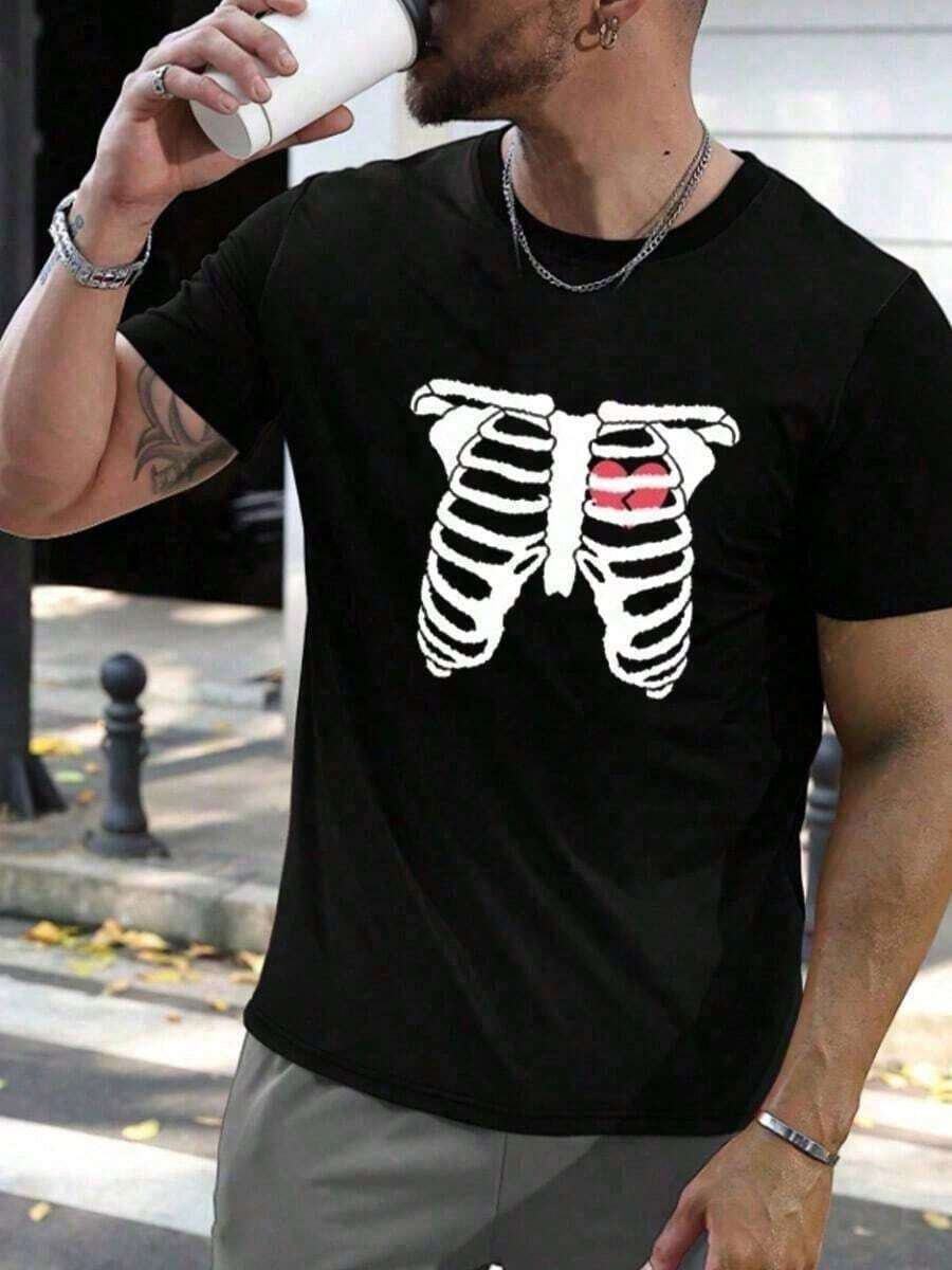 Casual Blouses For Women. Men's Casual T-Shirt With Skeleton Heart Print. Men's T-Shirts. Suitable For Spring, Summer And Autumn. Women's T-Shirts. - 黑色 - 查看 1