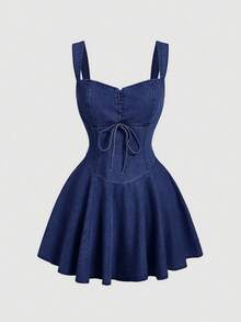MOD Vestido de mezclilla para mujer, vestido mini ajustado casual, azul - Azul lavado oscuro 2 - Ver 1