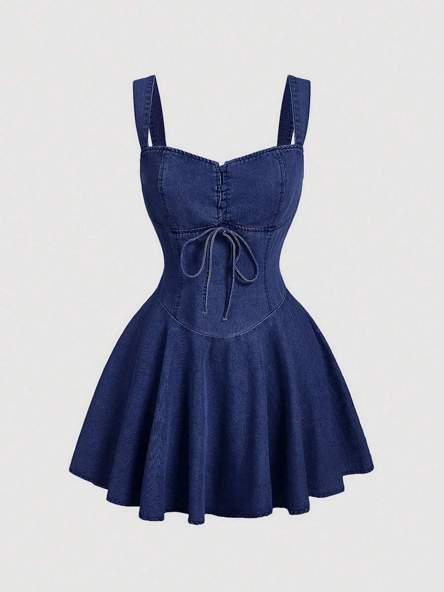 MOD Vestido de mezclilla para mujer, vestido mini ajustado casual, azul - Azul lavado oscuro 2 - Ver 1