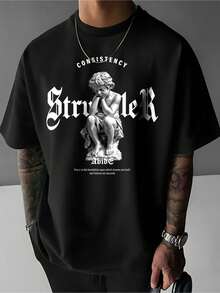 1-Pack 180g 100% Cotton Patterned T-Shirt, Men's Summer Collection "CONSISTENCY" The Meaning Of Peace, Men's Short-Sleeved Printed T-Shirt, Summer Outfit Style, Father's Day, Discount - Black - View 1