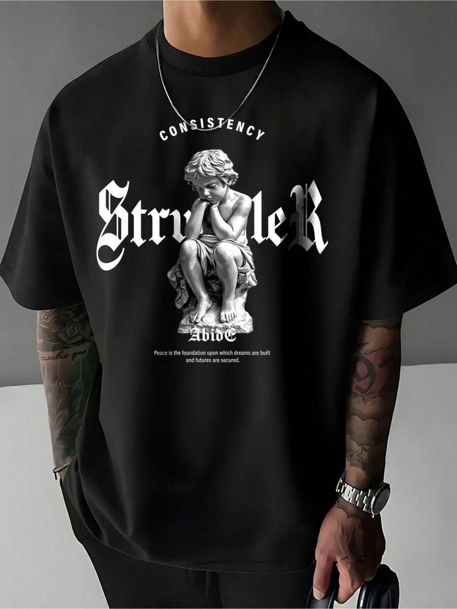 1-Pack 180g 100% Cotton Patterned T-Shirt, Men's Summer Collection "CONSISTENCY" The Meaning Of Peace, Men's Short-Sleeved Printed T-Shirt, Summer Outfit Style, Father's Day, Discount - Black - View 1