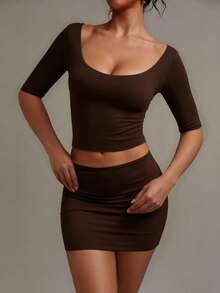 XLLAIS Sexy Sweetheart Neck Yoga Basic High Elasticity Naked Feel Slim Fit Brown 3/4 Sleeve Summer Sports T-Shirt Casual Back To School Style - Dark Brown - View 4