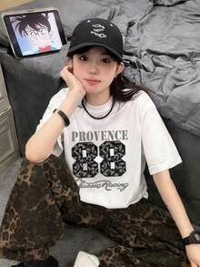 Women's Casual White Oversized T-Shirt, Round Neck Provence 88 Print Drop Shoulder Short Sleeve Top, Knit Fabric Streetwear Style - White - View 5