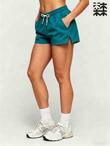 mulinsen Women's Casual Drawstring Waist Sports Shorts With Side Slit Pockets - Teal Blue - View 5
