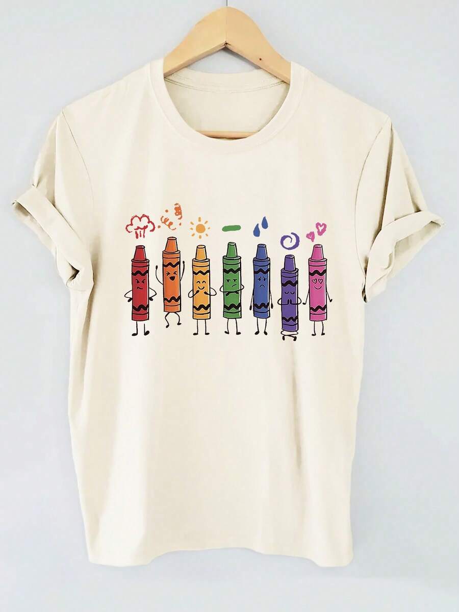 Camiseta con estampado gráfico, manga corta y cuello redondo, top casual para verano y primavera, ropa de mujer - Blanco - Ver 1