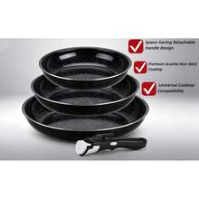 Ensemble de 3 poêles à frire avec poignées amovibles 20/24/28 cm | Revêtement antiadhésif effet granit | Compatible induction | Passe au four et au lave-vaisselle - Voir 7