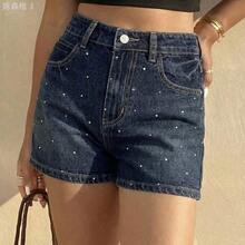 yonghongmaoyi1  Minifalda de verano para mujer con decoración de rhinestones, shorts vaqueros ajustados y sexy de estilo urbano con lentejuelas - Azul lavado medio - Ver 9