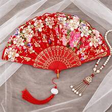 Floral Gold Foil Printed Folding Hand Fan With Tassel Pendant, Vintage Spanish Style Fan, Wedding Bride Ball Party Costume Accessory - Peony Flower Folding Fan - View 8