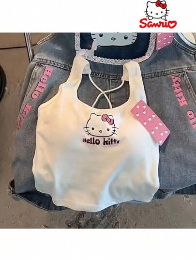 SANRIO 1件 Hello Kitty 女款露背細肩帶上衣 極簡性感風交叉肩帶修身內搭背心底衫