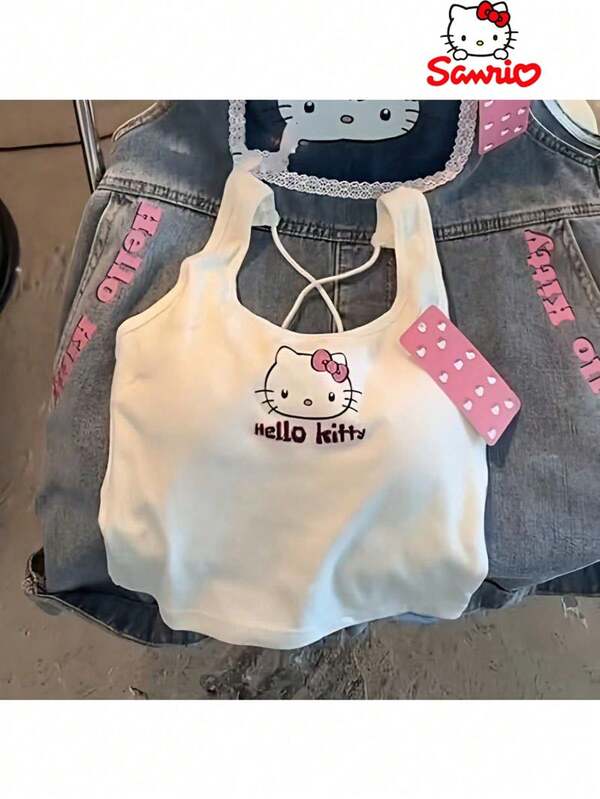 SANRIO 1pc Hello Kitty Backless Cami Top Women's Minimalist Sexy Style Criss-Cross Strap Tank Top Slim Fit Inner Layer Base Shirt