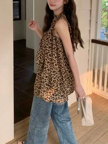 Women's Leopard Print Ruffle Strap Tank Top, Flared Hem, Woven Fabric, Regular Length, Fashionable Summer Style Casual Vacation - Rust Brown - View 10