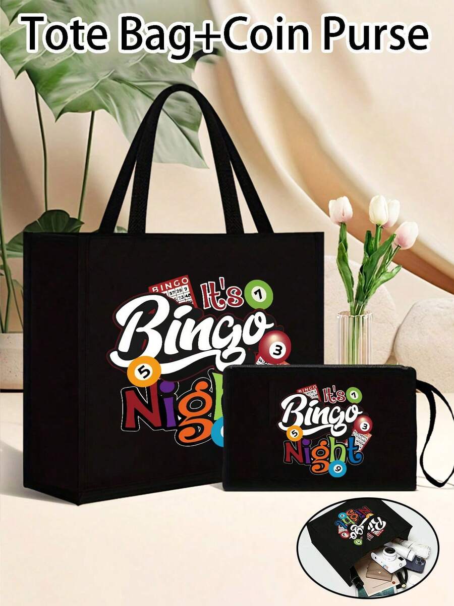 Bingo Night 女款手提包與錢包套組,布料材質,可水洗,開口設計,內襯,休閒肩背包,度假風字母設計手提包,黑色亞麻零錢包,黑色方形購物袋,藝術字母與圖案印花設計,適合女性日常使用,方便的購物袋 - 黑色 - 查看 1