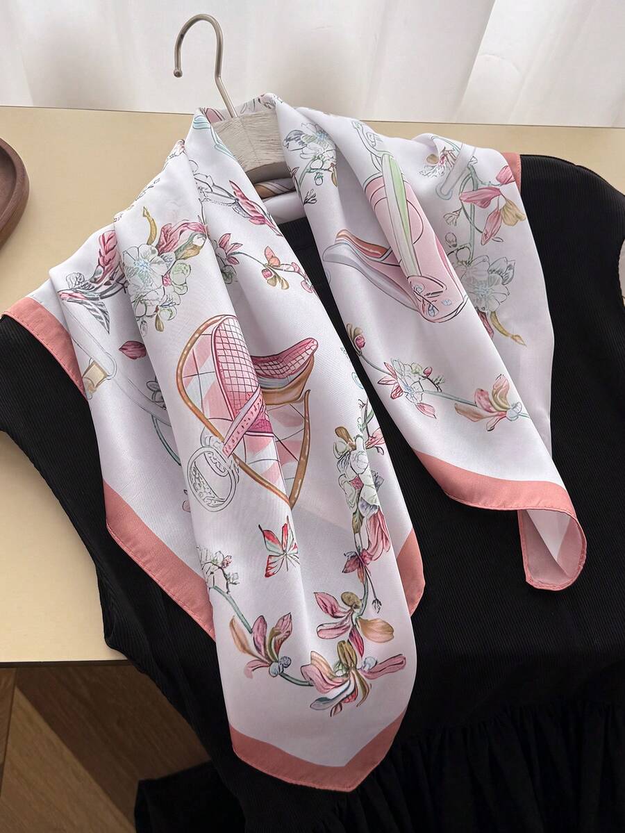 1件女款時尚復古馬鞍花卉希賈布薄款防曬披肩髮巾仿絲方巾手提包綁帶 - FG455-1 粉紅色 - 查看 1