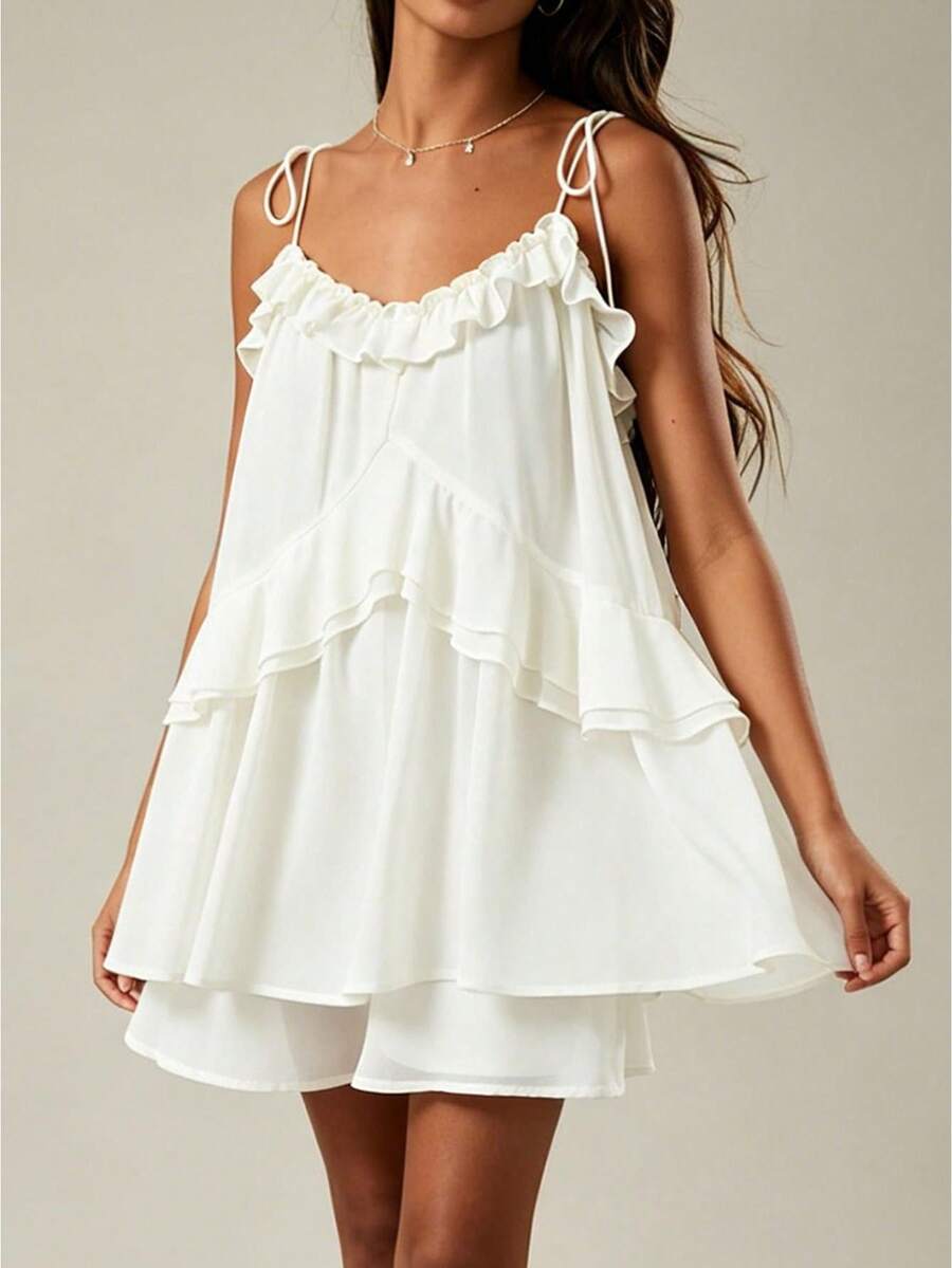 Womens Summer Romper Dress Chiffon Spaghetti Strap Sleeveless Ruffle Tiered Short Jumpsuits Beach Vacation Rompers - White - View 1