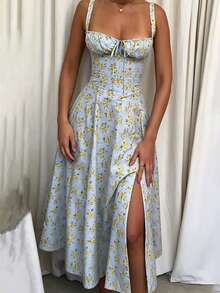 Sexy Women Midi Dress, Corset Bustier Spaghetti Strap Summer Dress With Slit, Floral/Plain Sundress For Vacation Beach Outfit, Party, & Casual Wear - 藍色 - 查看 1