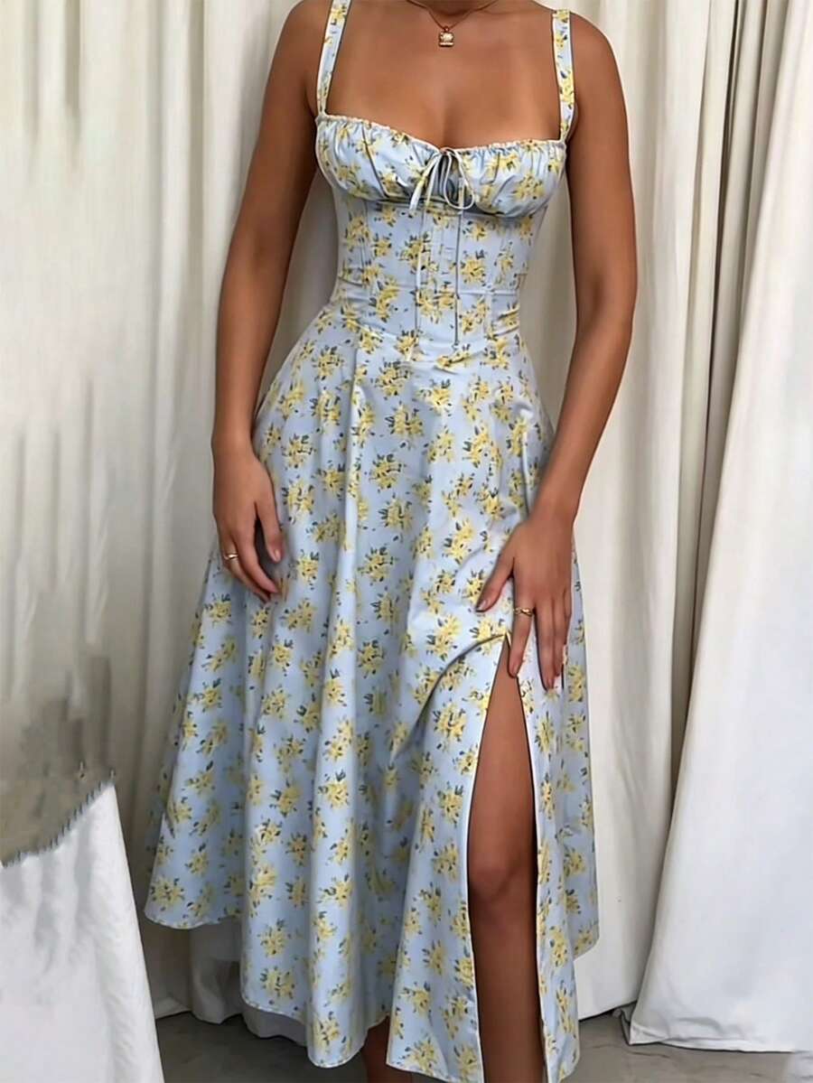 Sexy Women Midi Dress, Corset Bustier Spaghetti Strap Summer Dress With Slit, Floral/Plain Sundress For Vacation Beach Outfit, Party, & Casual Wear - 藍色 - 查看 1