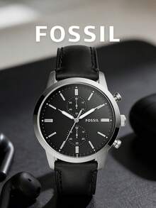 Fossil 男士極簡主義計時碼錶，拋光銀色錶殼黑色錶盤黑色光滑皮革錶帶，都市時尚手錶，適合科技辦公室日常通勤電競派對咖啡廳休閒，送給他的生日畢業喬遷理想禮物 - 黑色 - 查看 2