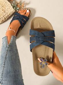 Ximi Ruo Sandal Selop Wanita Gaya Kasual Terbaru Musim Semi/Panas, Sandal Hak Datar Nyaman, Perlengkapan Liburan, Sepatu Pantai, Liburan - Biru - View 2