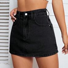 xuehuamaoyi02  ICON Falda mini de mezclilla lavada casual para mujer, verano - Azul lavado oscuro - Ver 5
