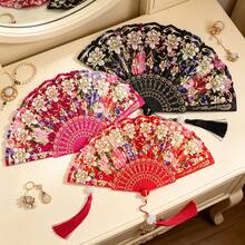 Floral Gold Foil Printed Folding Hand Fan With Tassel Pendant, Vintage Spanish Style Fan, Wedding Bride Ball Party Costume Accessory - Peony Flower Folding Fan - View 1
