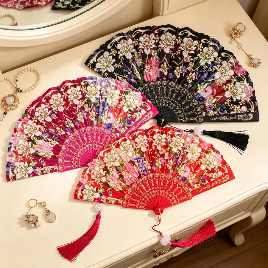 Floral Gold Foil Printed Folding Hand Fan With Tassel Pendant, Vintage Spanish Style Fan, Wedding Bride Ball Party Costume Accessory - Peony Flower Folding Fan - View 1