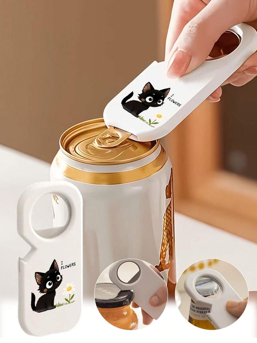 Cute Black Cat Pattern 3-In-1 Multi-Function Bottle Opener/Cap - Non-Slip Effortless Beer Bottle Cap And Can Opener Tool, Essential Home Kitchen Gadget, Combines Home And Party Decor Function, Ergonomic Design, Perfect Gift For Family, Friends, Teachers, Vacation Essential, Beach Essential - Multicolor - View 1