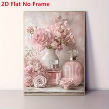 2D Flat 2D Flat Frameless 2D Flat Canvas, Vintage Floral Perfume Bottle Design, Decorated With Soft Floral Pattern Of Pink Roses, Suitable For Elegant Decoration Of Home Office And Bedroom - J - View 2